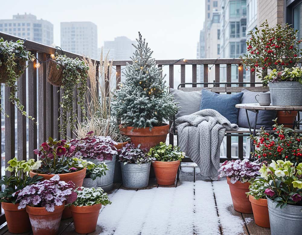 Balkon im Winter mit winterharten Pflanzen gestalten Balkon im Winter mit winterharten Pflanzen gestalten